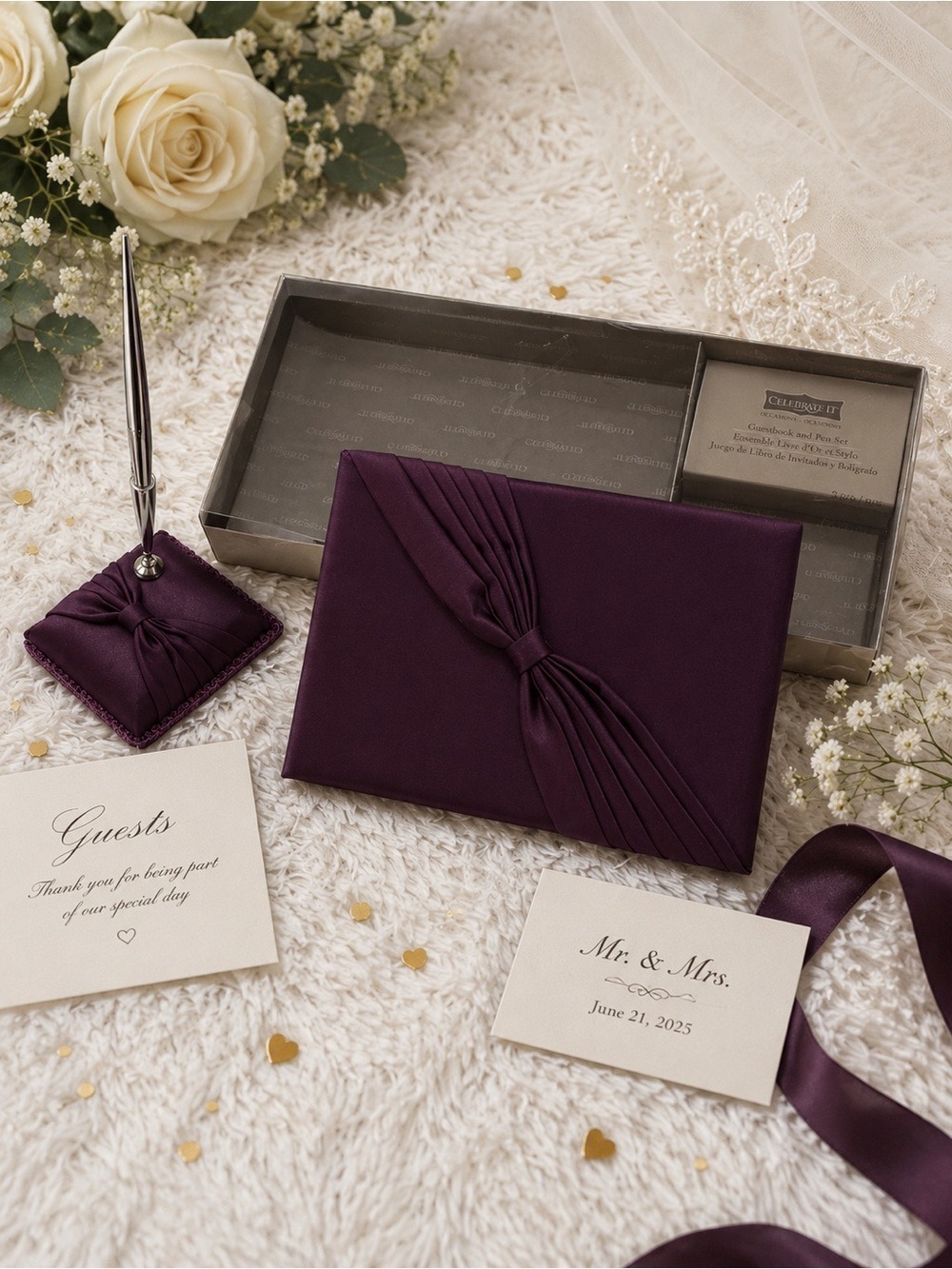 Celebrate It Plum Satin Wedding Guest Book & Pen Set Elegant Reception Decor